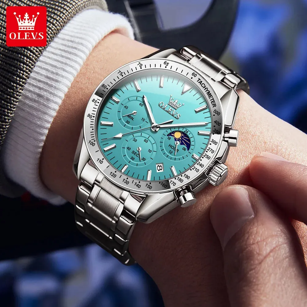 OLEVS Man Watch New Stainless Steel Waterproof Moon Phase Chronograph Classic Quartz Wristwatch Brand Original Men's Watch