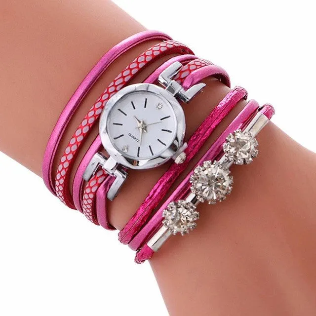 Quartz Crystal Rhinestone Bracelet Wristwatches for Women