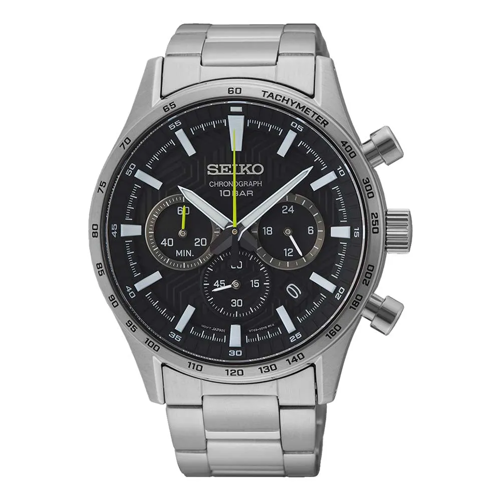 Seiko Men's Black Dial Silver Stainless Steel Band Chronograph Quartz Watch - SSB413