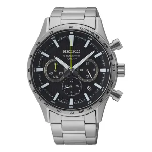 Seiko Men's Black Dial Silver Stainless Steel Band Chronograph Quartz Watch - SSB413