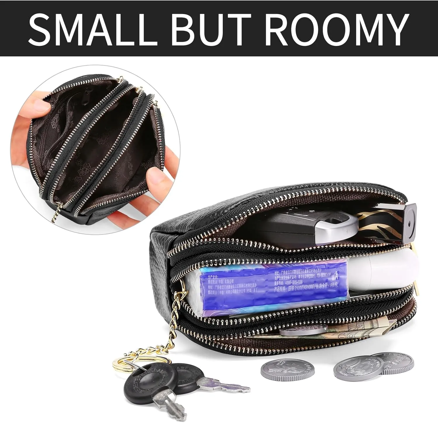 SENDEFN Small Coin Purse Leather 3 Zippered Change Pouch Wallet with Key Ring for Women