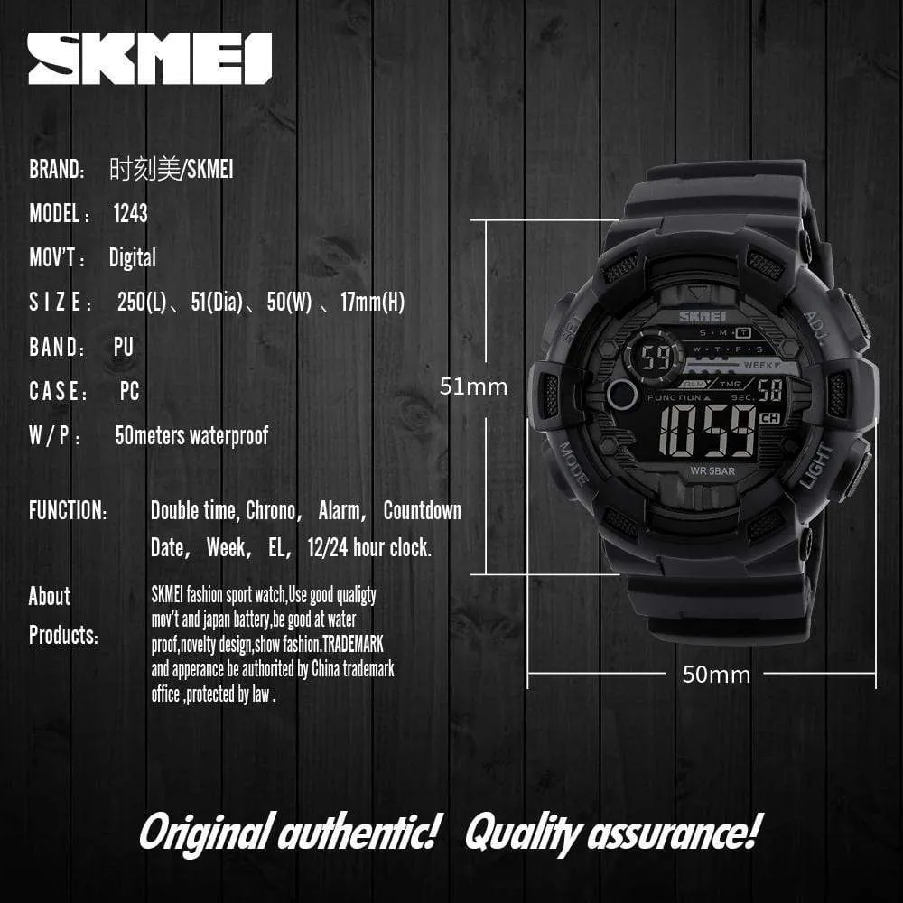 Skmei 1243 Original Digital waterproof Sports wrist watch Chronograph for Boys For Men