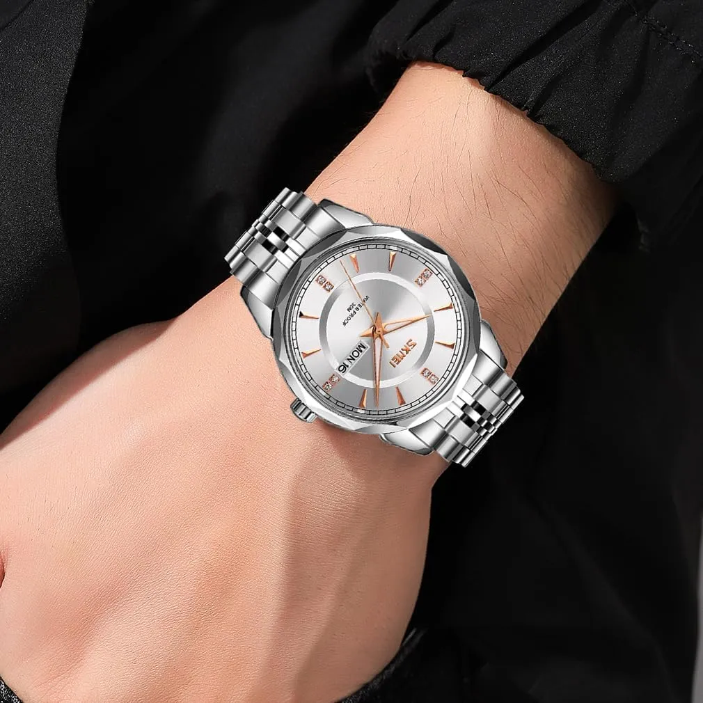 SKMEI Watch for Men Business Stainless Dress Fashion Waterproof Luxury Analog Simple Day Date Fathers Dad Gifts Silver Gold Wrist Watches