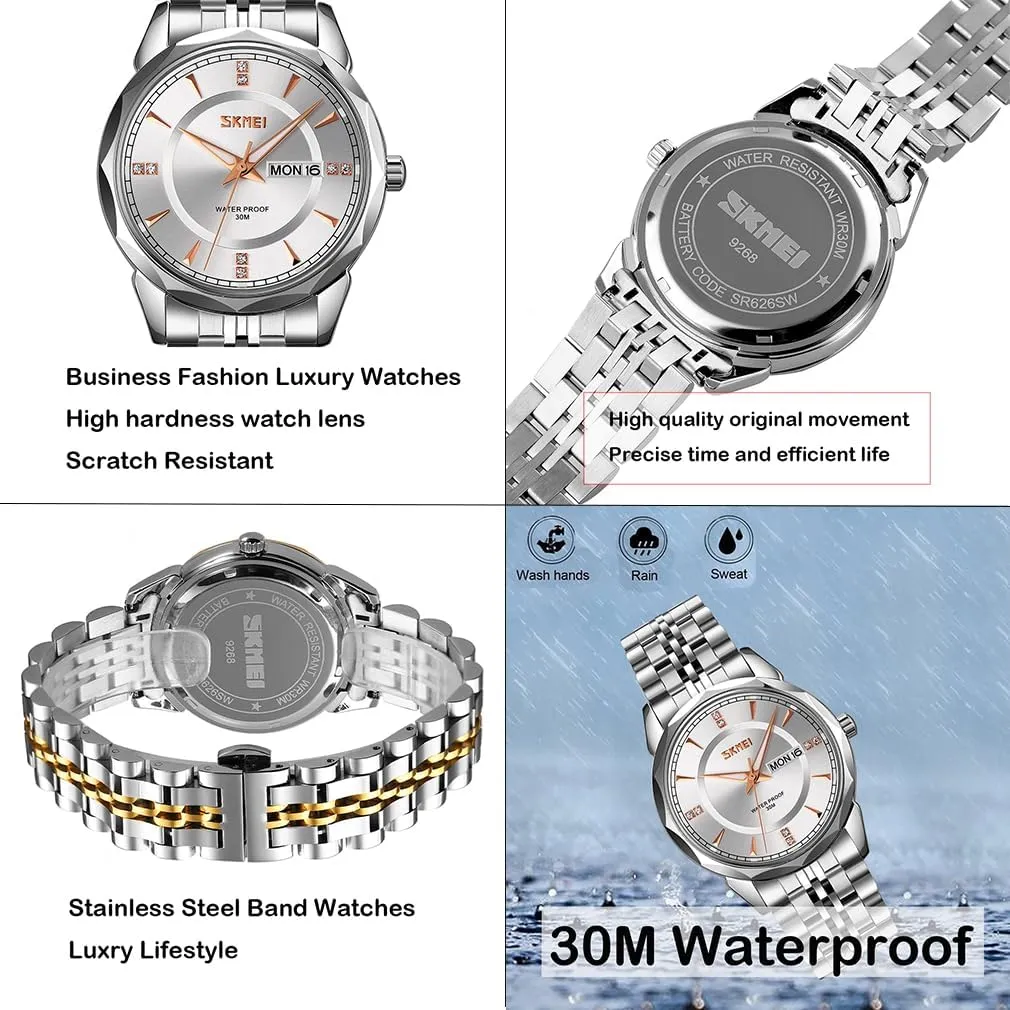 SKMEI Watch for Men Business Stainless Dress Fashion Waterproof Luxury Analog Simple Day Date Fathers Dad Gifts Silver Gold Wrist Watches