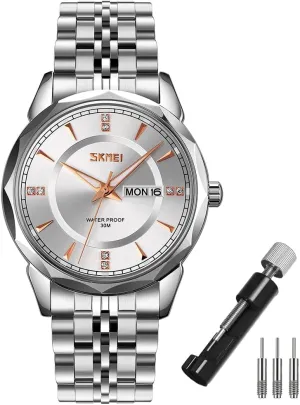 SKMEI Watch for Men Business Stainless Dress Fashion Waterproof Luxury Analog Simple Day Date Fathers Dad Gifts Silver Gold Wrist Watches