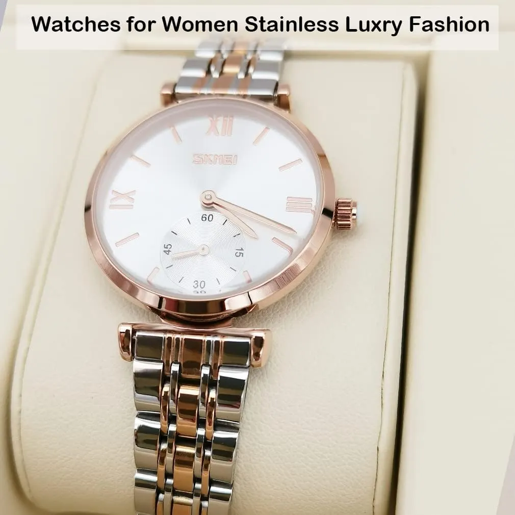 SKMEI Watches for Women Ladies Female Stainless Dress Luxury Business Classic Fashion Analog Quartz Waterproof Simple Day Date Wife Girls Gifts Gold Silver Wrist Watch