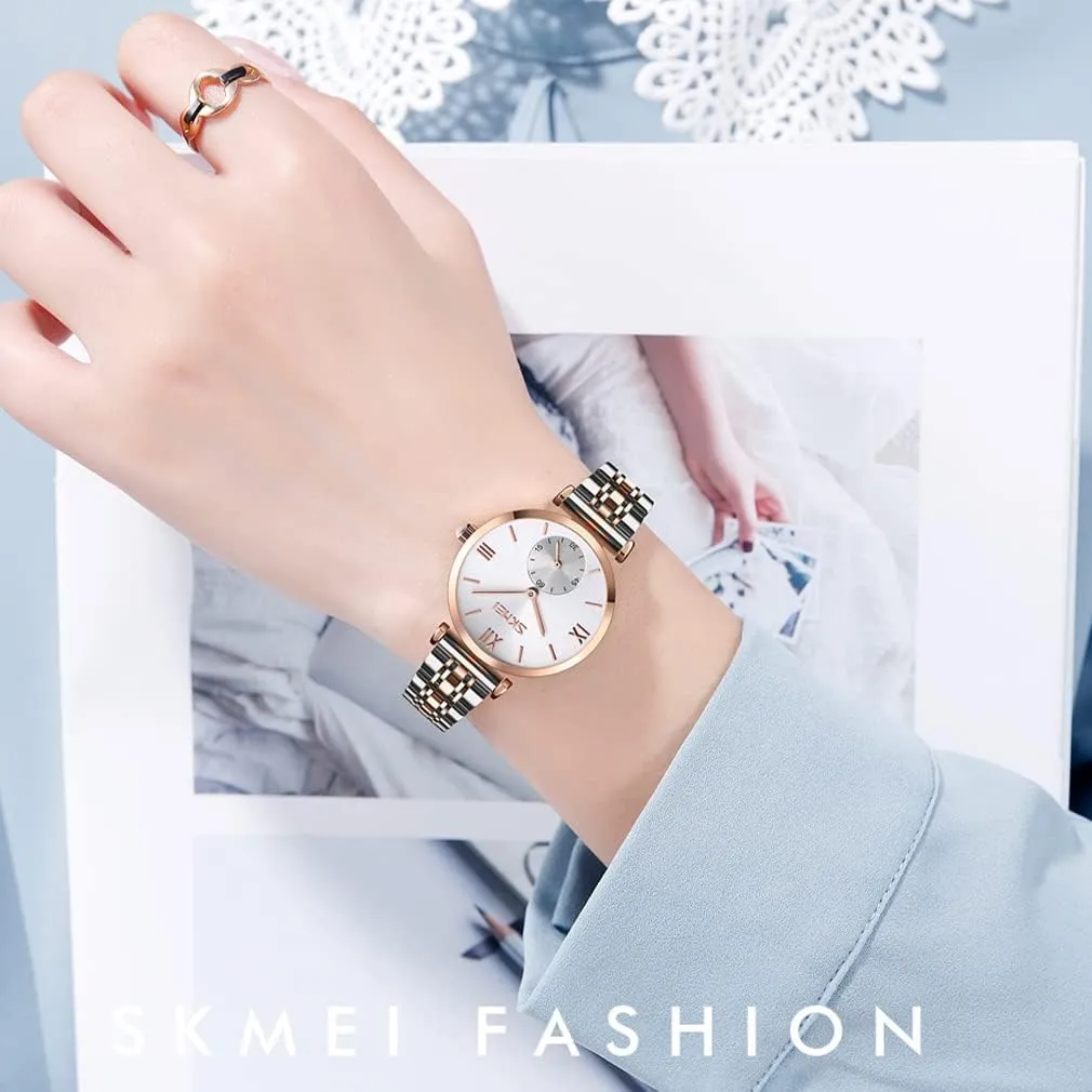 SKMEI Watches for Women Ladies Female Stainless Dress Luxury Business Classic Fashion Analog Quartz Waterproof Simple Day Date Wife Girls Gifts Gold Silver Wrist Watch