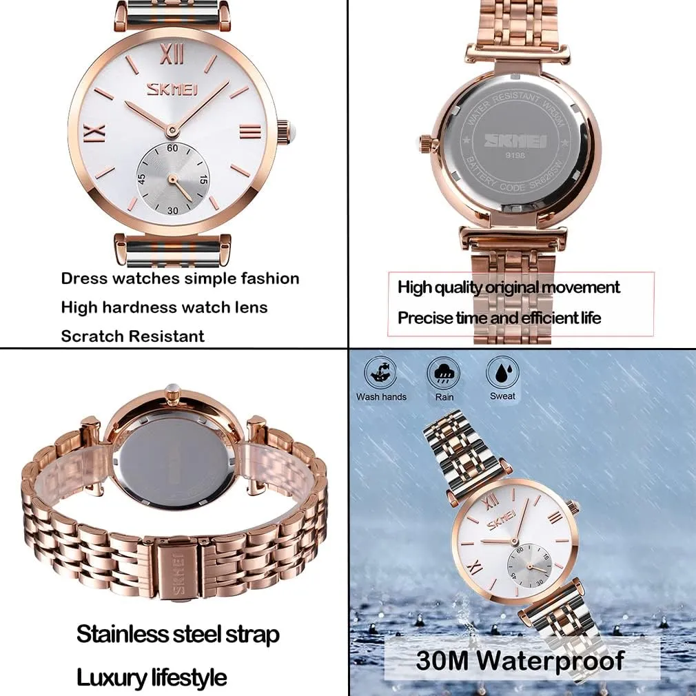 SKMEI Watches for Women Ladies Female Stainless Dress Luxury Business Classic Fashion Analog Quartz Waterproof Simple Day Date Wife Girls Gifts Gold Silver Wrist Watch