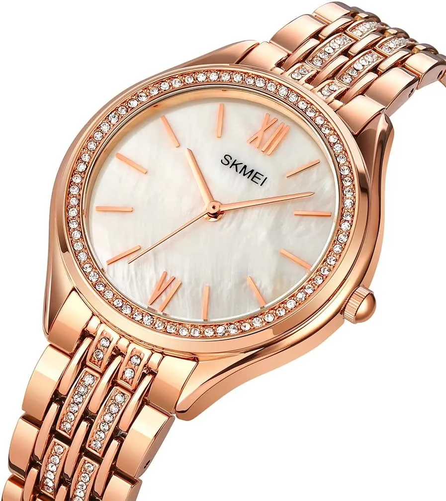 SKMEI Watches for Women Ladies Simple Diamond Stainless Luxury Fashion Waterproof Dress Casual Analog Quartz Wife Girls Gifts Female Rose Gold Wrist Watch