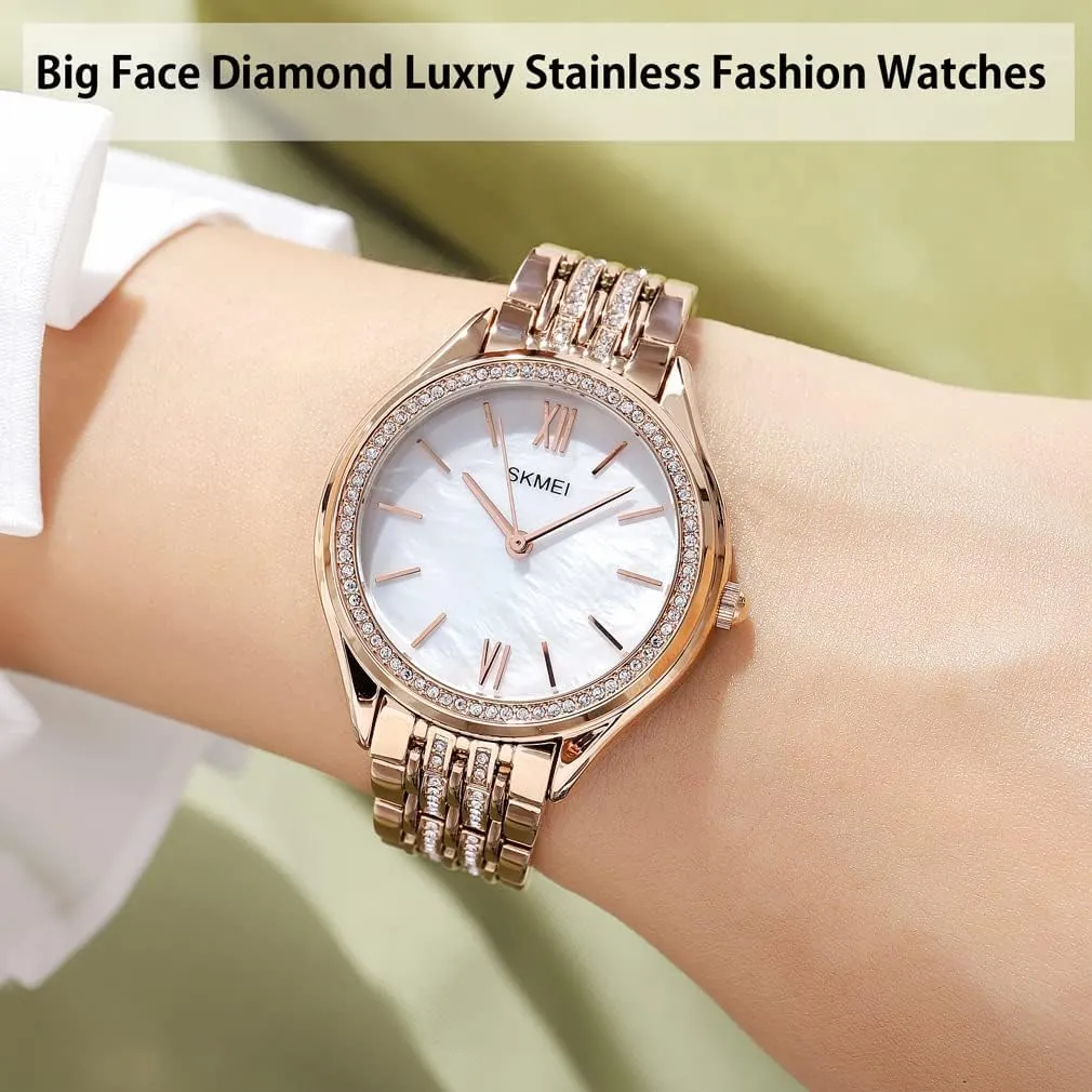 SKMEI Watches for Women Ladies Simple Diamond Stainless Luxury Fashion Waterproof Dress Casual Analog Quartz Wife Girls Gifts Female Rose Gold Wrist Watch