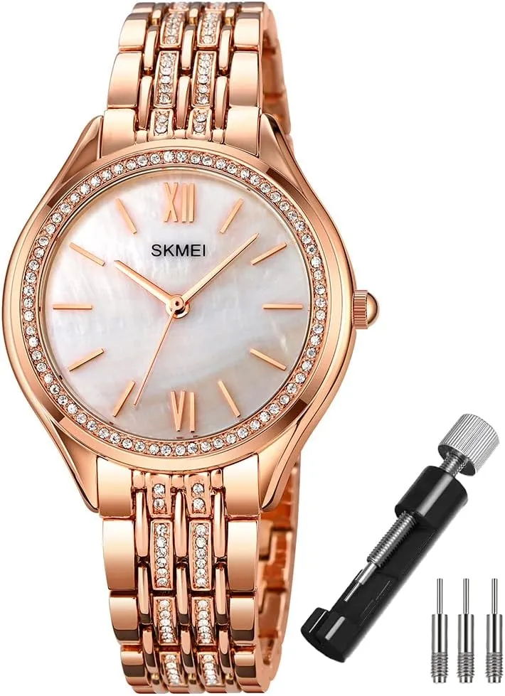SKMEI Watches for Women Ladies Simple Diamond Stainless Luxury Fashion Waterproof Dress Casual Analog Quartz Wife Girls Gifts Female Rose Gold Wrist Watch