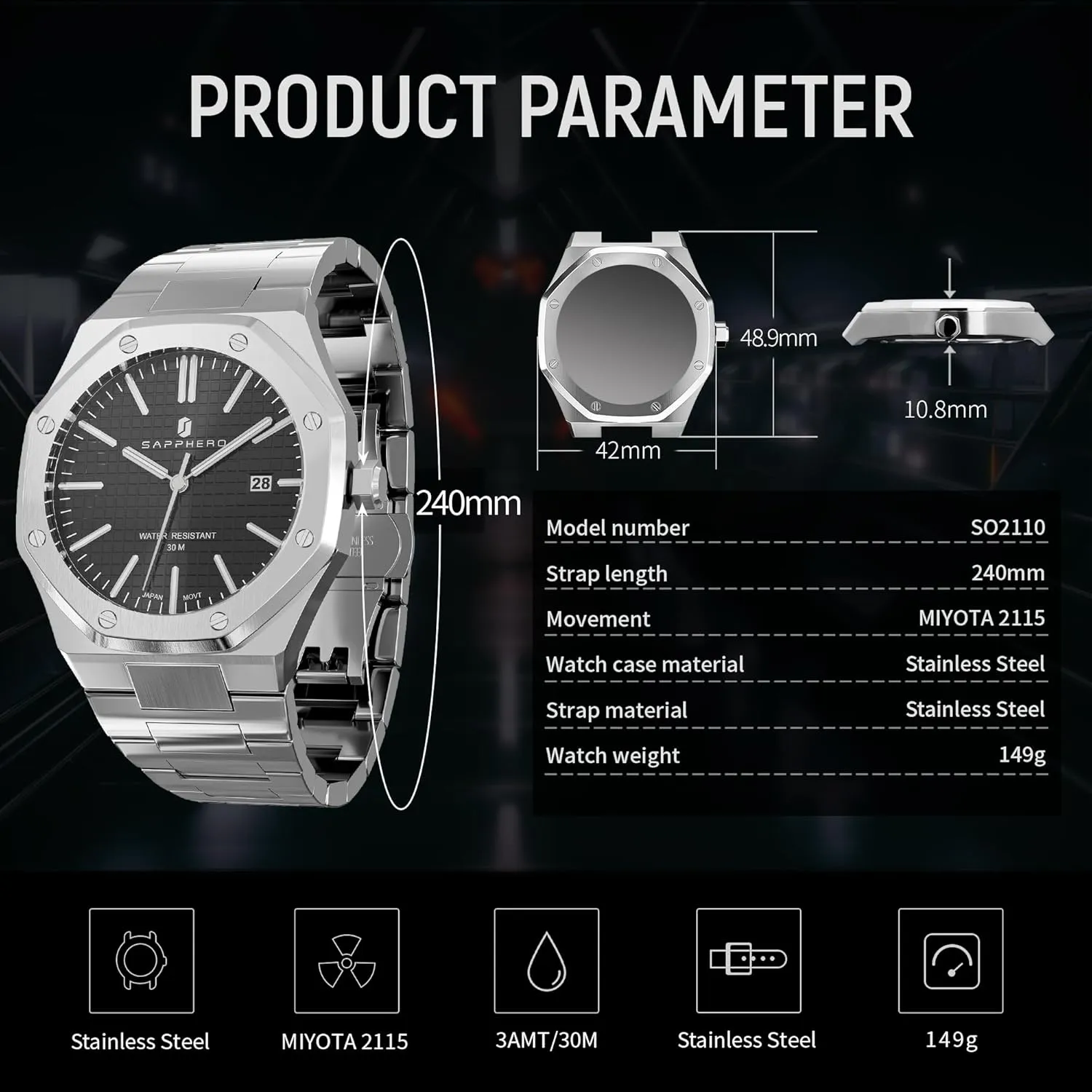 SOPPHERO Mens Watches Stainless Steel Quartz Watch for Men 30M Waterproof Date Clock Fashion Business Wristwatch Gift for Men