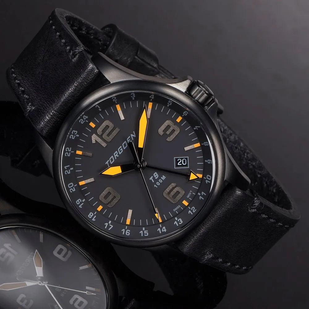 T9 Blackbird GMT | 42mm , Black Leather Strap