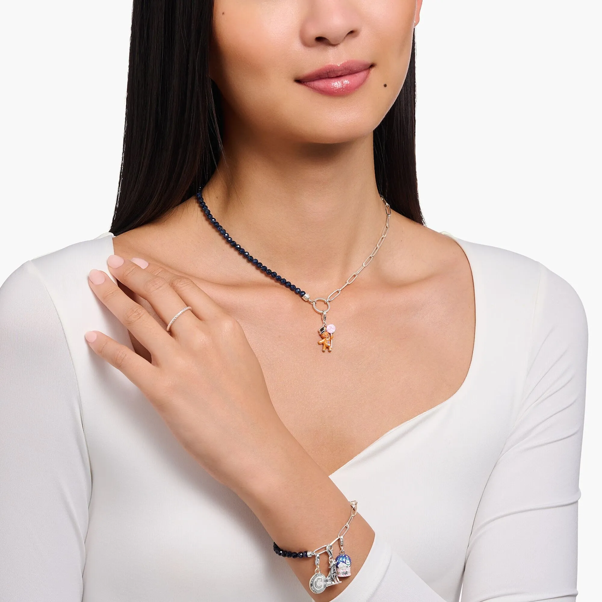 THOMAS SABO Silver Charm Necklace With Beads In Dark Blue