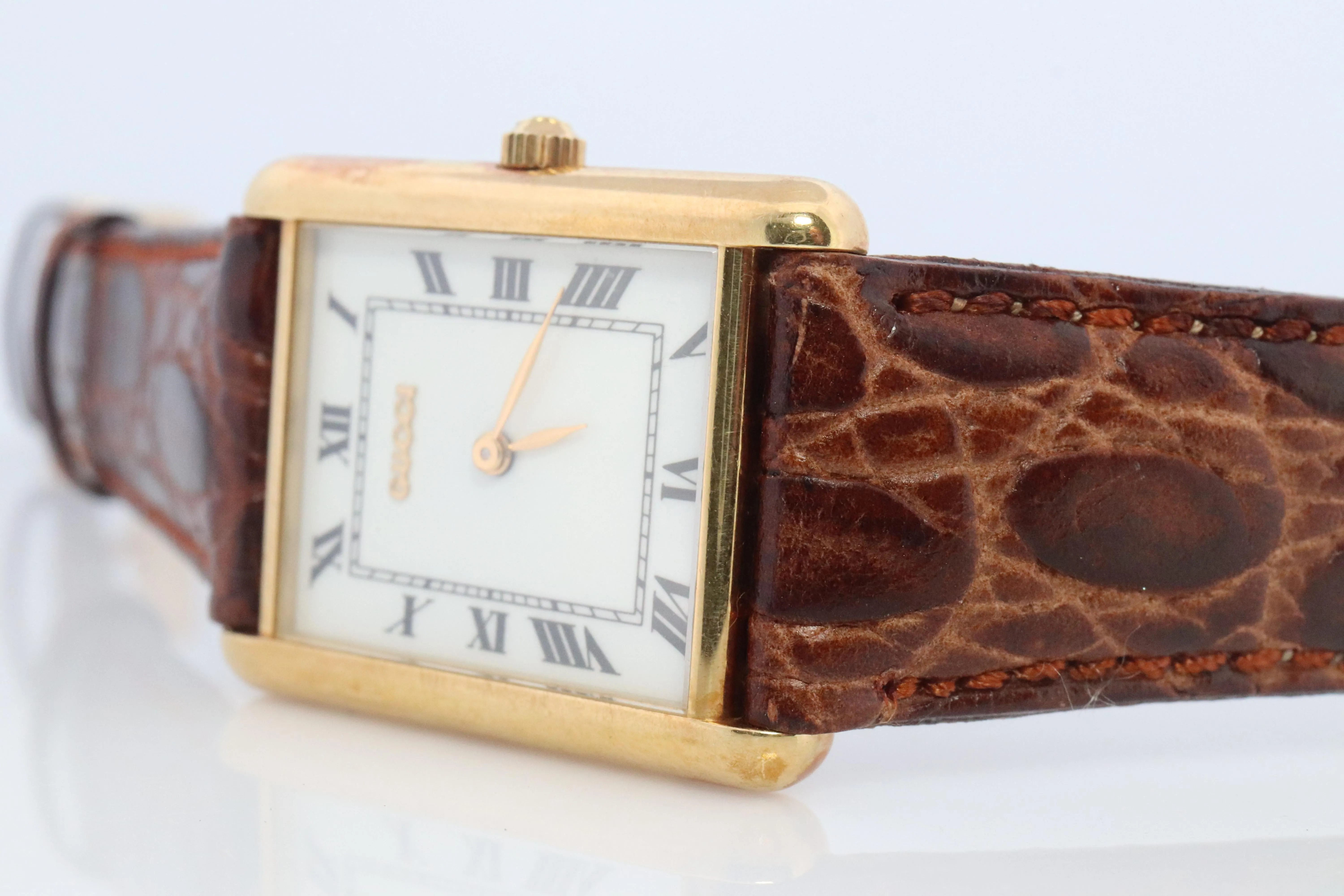 Vintage 18k Gucci Tank Watch. 18k Yellow Gold Gucci 710L Wrist Watch.