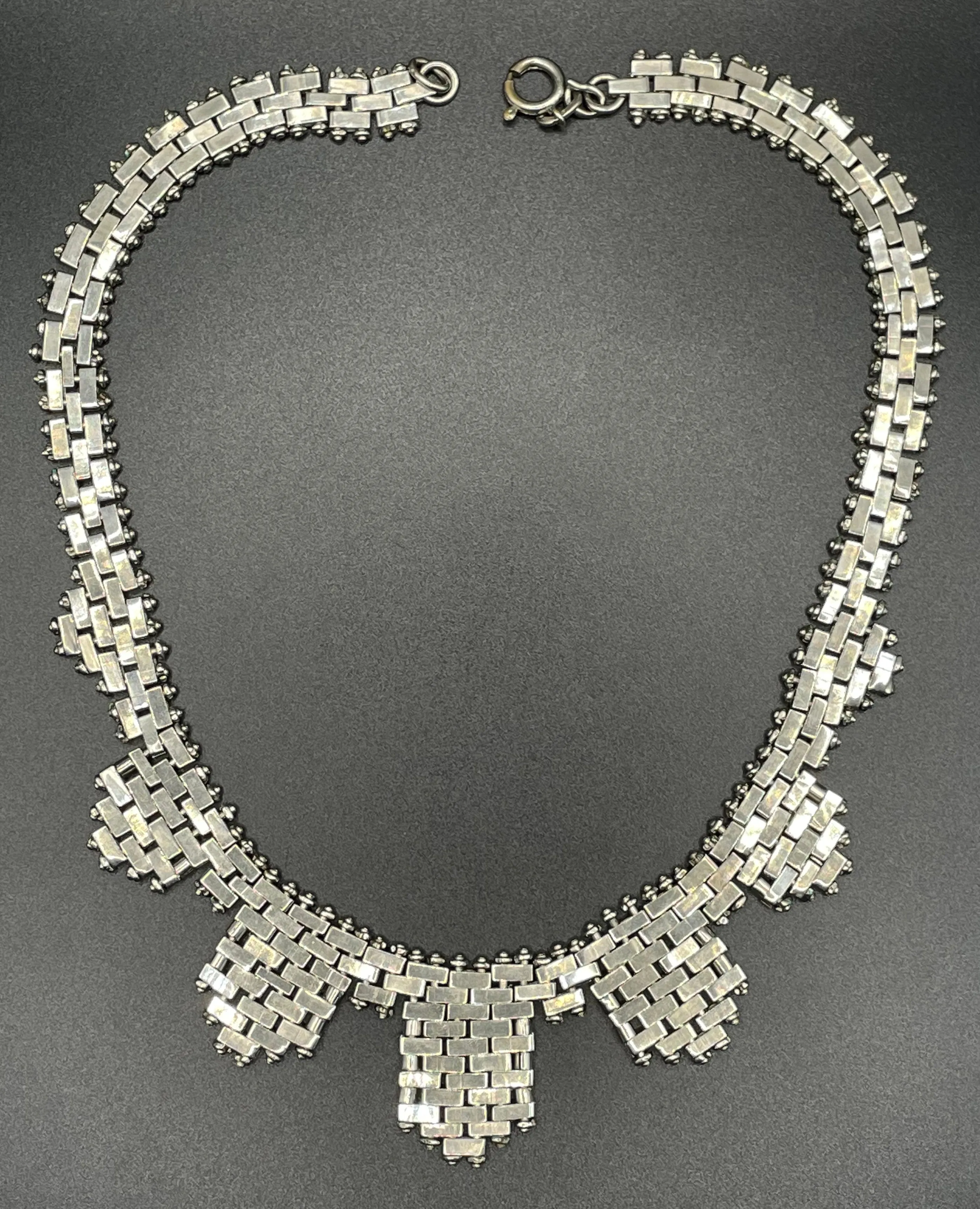 Vintage Jakob Bengel Art Deco brickwork / mauerwerk machine age shiny chrome silver tone necklace, teal green enamel embellishment