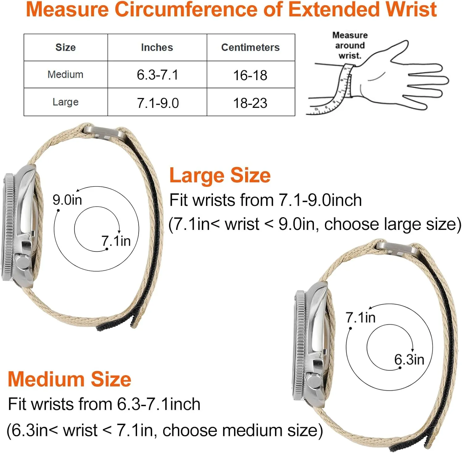 watchdives Nylon Watch Band 20mm 22mm Replacement Watch Straps with Hook and Loop Fasteners Sport Watchband Fit for 6.3-7.1in Wrist (Khaki, 20mm-Medium)