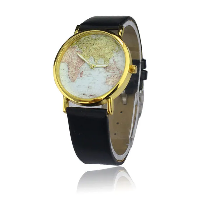 Women's Watch World Map Pattern PU Band