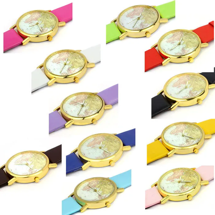 Women's Watch World Map Pattern PU Band